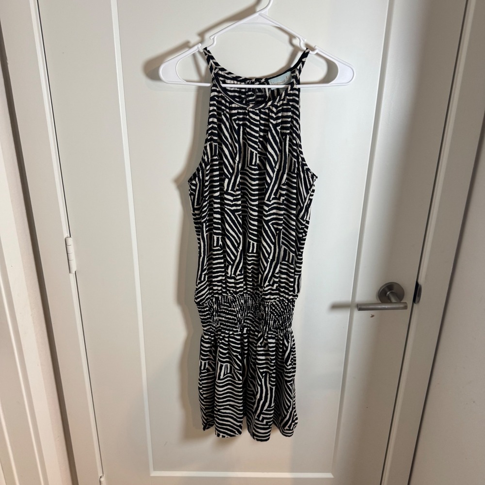 Veronica M. Black White Geometric Print Halter‎ Dress Smocked Waist M